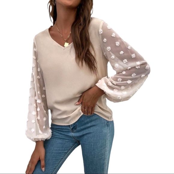 Tops - SWISS DOT BISHOP SLEEVE BLOUSE IN APRICOT
